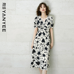 颜域短袖V领印花连衣裙女夏装2026新款女士收腰显瘦中长款茶歇裙