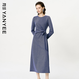 过膝显瘦气质长裙 高级感长袖 颜域设计感掐腰连衣裙女2025新款 秋装