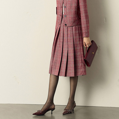 颜域红色格子秋装半身裙