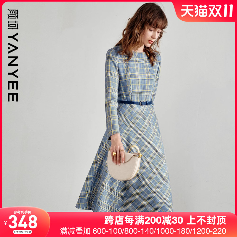 颜域长袖圆领格子连衣裙女冬装2023新款通勤职业气质显瘦A字裙