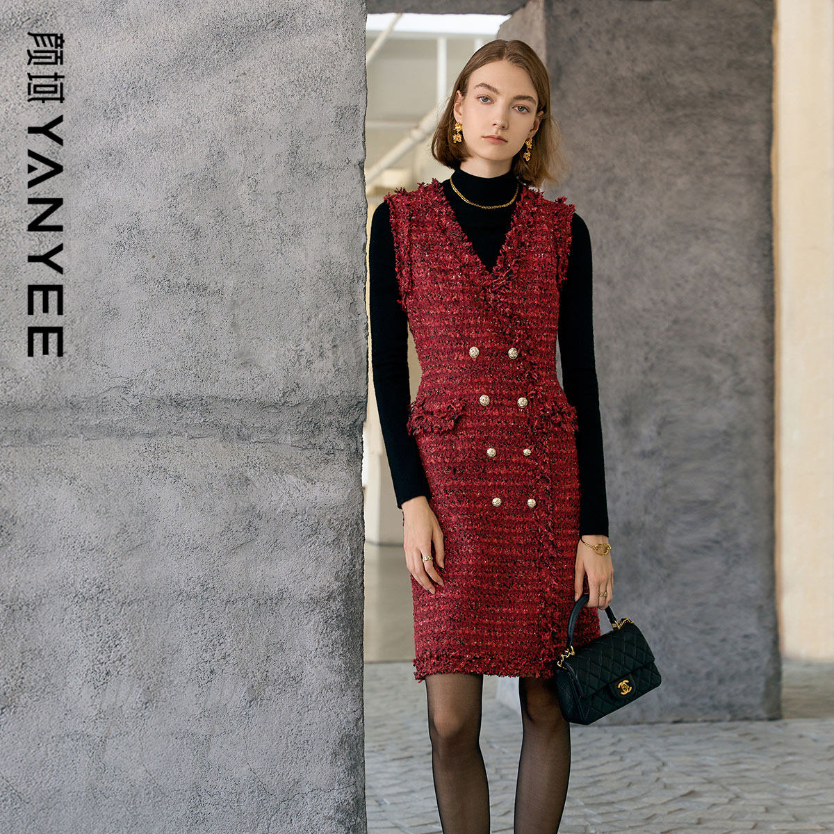 颜域红色小香风搭配一整套女2025新款冬背心连衣裙针织衫两件套装,女装/女士精品,时尚套装,淘宝优惠券,粉丝福利购,淘宝优惠卷