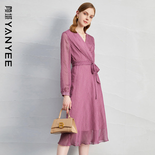 茶歇裙子 复古收腰中长款 颜域V领长袖 波点连衣裙女早秋2023年新款