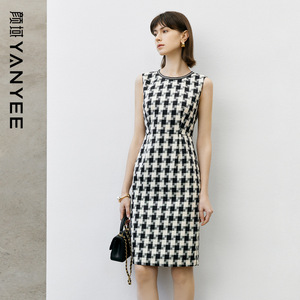 颜域千格子气质收腰显瘦连衣裙女装2026新款春装短款小个子背心裙