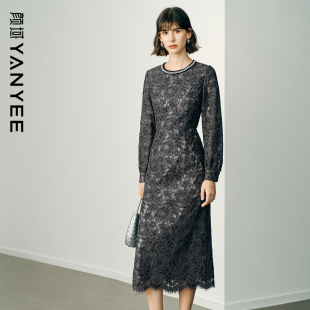 圆领裙子 通勤收腰显瘦长袖 颜域蕾丝优雅气质连衣裙女2026新款 春季