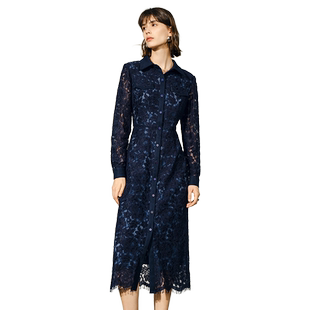 颜域镂空蕾丝连衣裙春装女款2026年新款中长款长袖翻领收腰裙子女