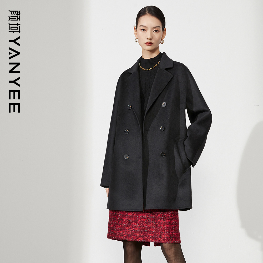 颜域翻领中长款双排扣呢子大衣