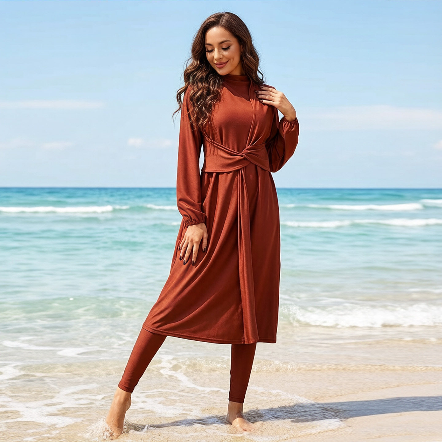 时尚全包围三件套布基尼优雅长袖长裤泳衣海边女Burkini Swimsuit