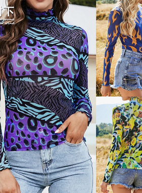 欧美性感小高领长袖防晒弹力修身网衫女波普风透视百搭薄打底T恤