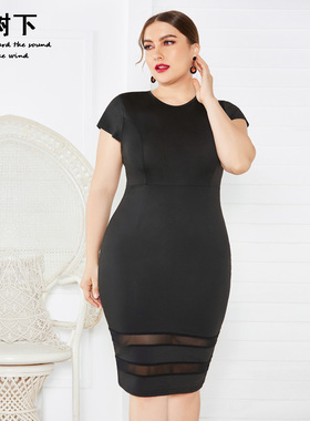 欧美大码网纱拼接超弹力休闲连衣裙Stretch slim plus-size dress