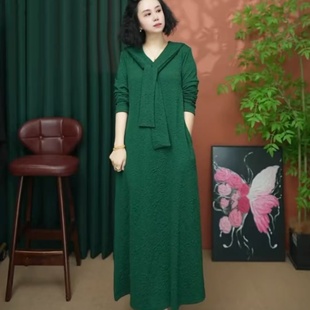 妈妈装秋季新款时尚飘带长袖连衣裙春秋款百搭气质减龄中长款裙子