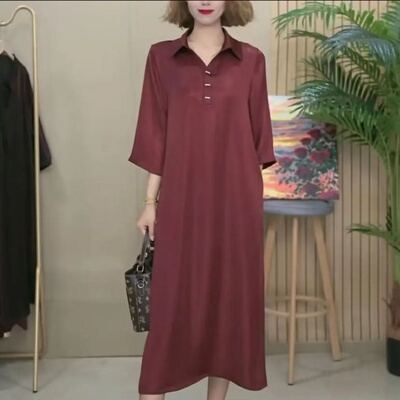 中年妈妈连衣裙纯色显瘦翻领裙子
