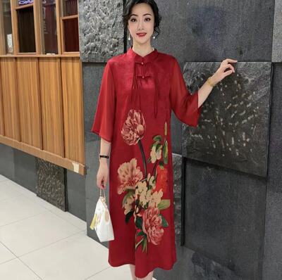 夏季新款女装连衣裙气质显瘦宽松连衣裙中式定位盘扣妈妈装减龄裙