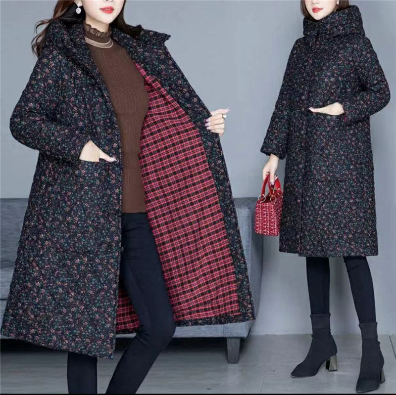 丝绵冬款加厚棉衣连帽小碎花棉袄