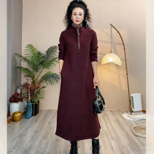 妈妈装秋冬加厚气质立领半拉链连衣裙女中长款气质显瘦宽松连衣裙