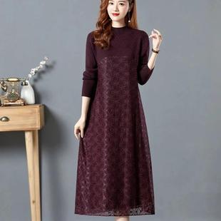 秋冬新款加厚妈妈针织连衣裙女大码洋气显瘦配大衣打底毛衣蕾丝裙