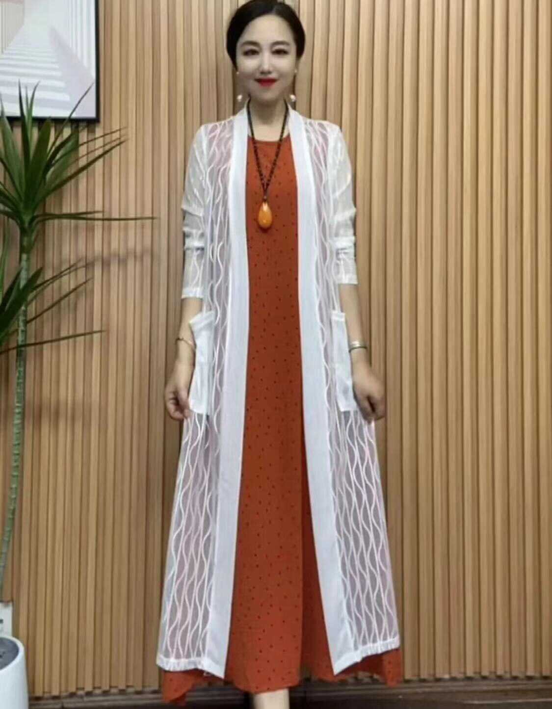 夏季新款水波纹网纱外披洋气时尚妈妈气质百搭中长款防晒披肩开衫