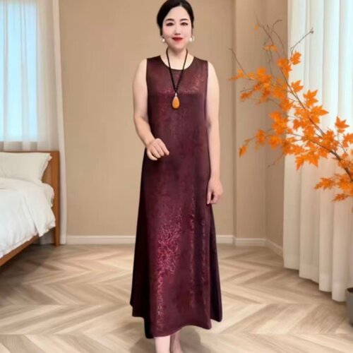 妈妈装夏季无袖提花遮肉连衣裙