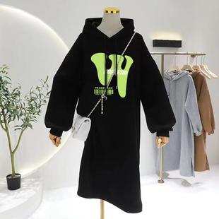 宽松慵懒风设计感上衣 秋冬加绒加厚黑色连帽oversize卫衣女中长款
