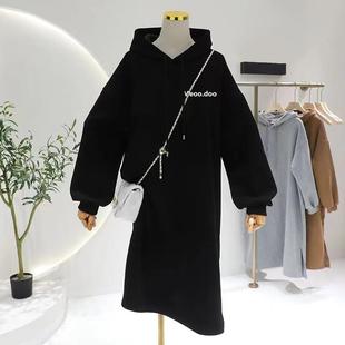 复古2024新款 连帽卫衣女加绒加厚宽松慵懒风美式 秋冬套头开叉上衣