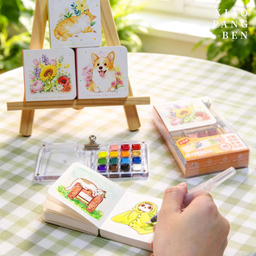 飞乐鸟解压涂色小胖本水彩颜料套装迷你便携填色花卉动物线稿本