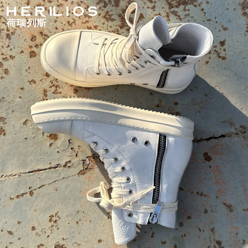 HERILIOS/荷瑞列斯秋冬男士真皮马丁靴复古ins拉链皮靴欧美工装靴