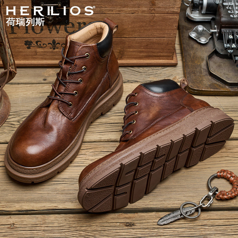 HERILIOS2023新款英伦男士真皮复古做旧马丁靴韩版工装靴潮流皮靴