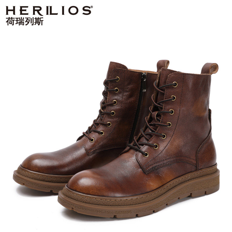 HERILIOS真皮男士复古做旧马丁靴潮流拉链厚底工装靴时尚休闲皮靴