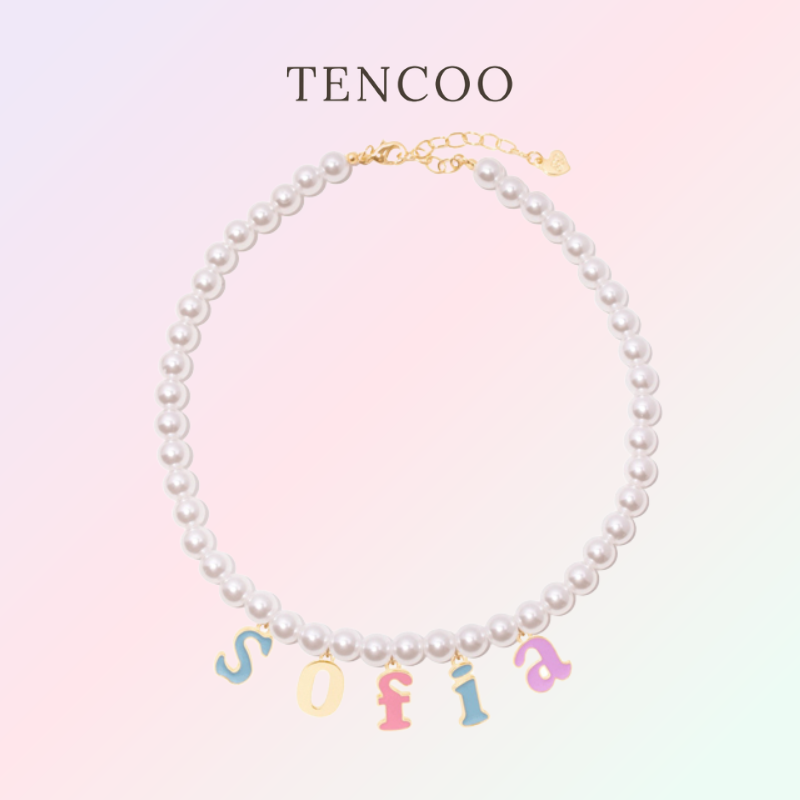 TENCOO 彩色字母珍珠项链 名字定制项链 设计感滴油字母吊坠饰品