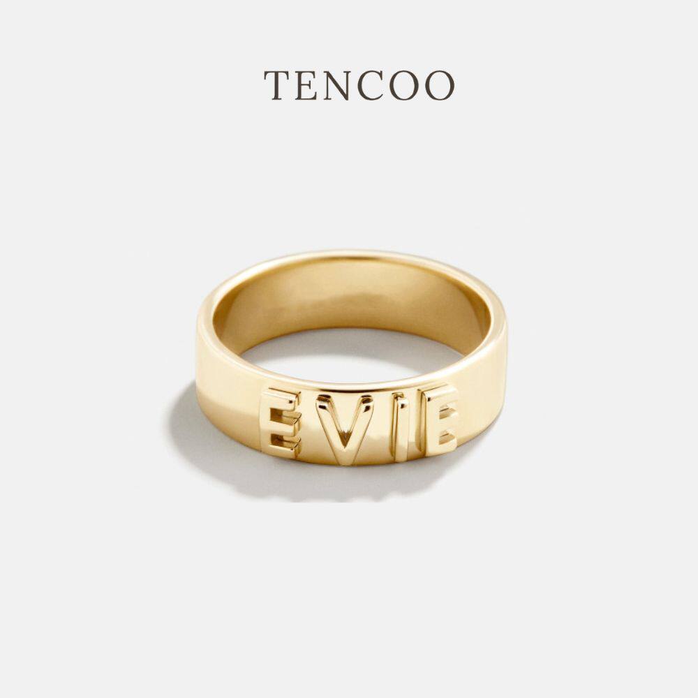 Tencoo私人定制凸块字母戒指银镀K金镶嵌锆石原创设计定制戒指