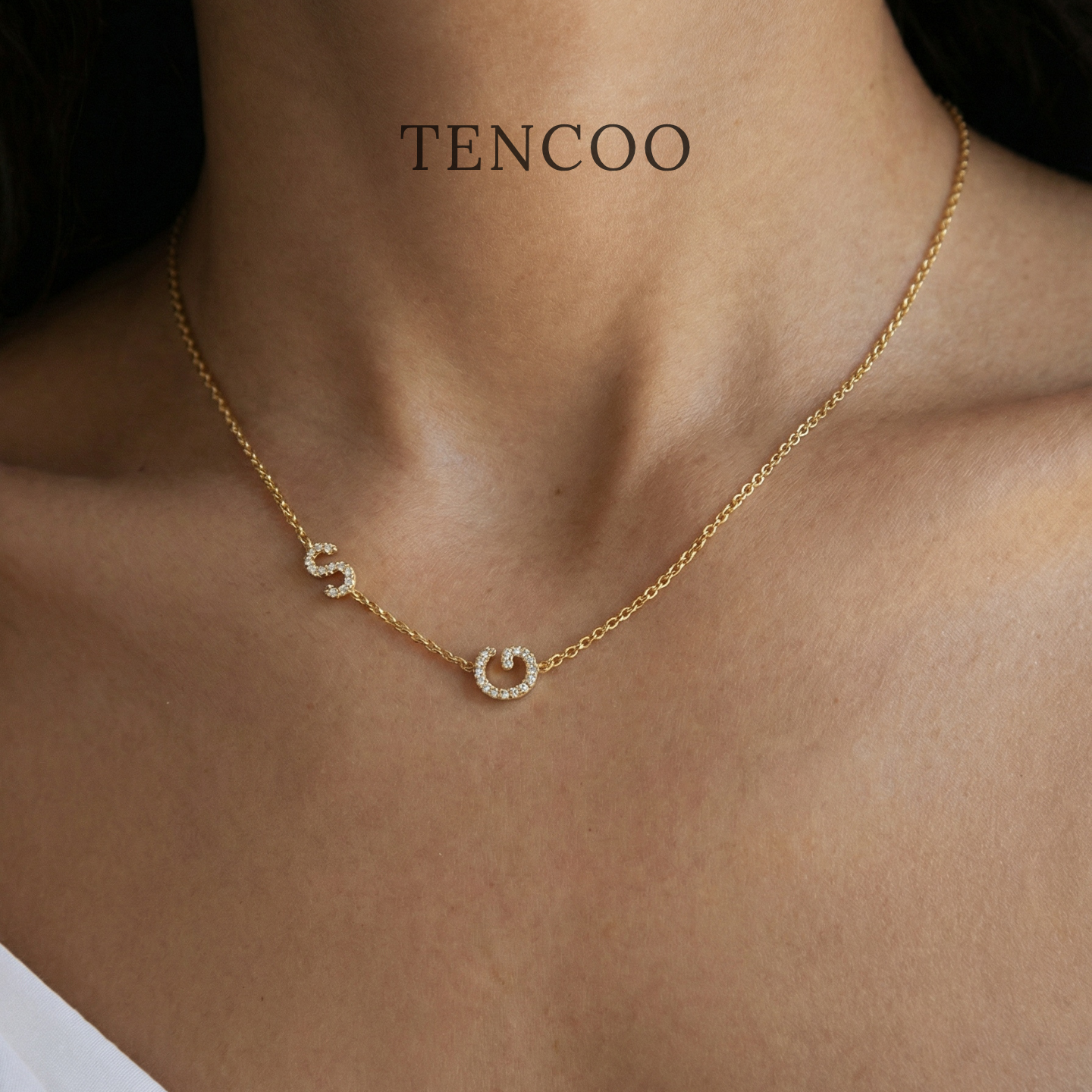 TENCOO 定制不对称侧边满钻字母项链 字母锁骨链 s925纯银项链