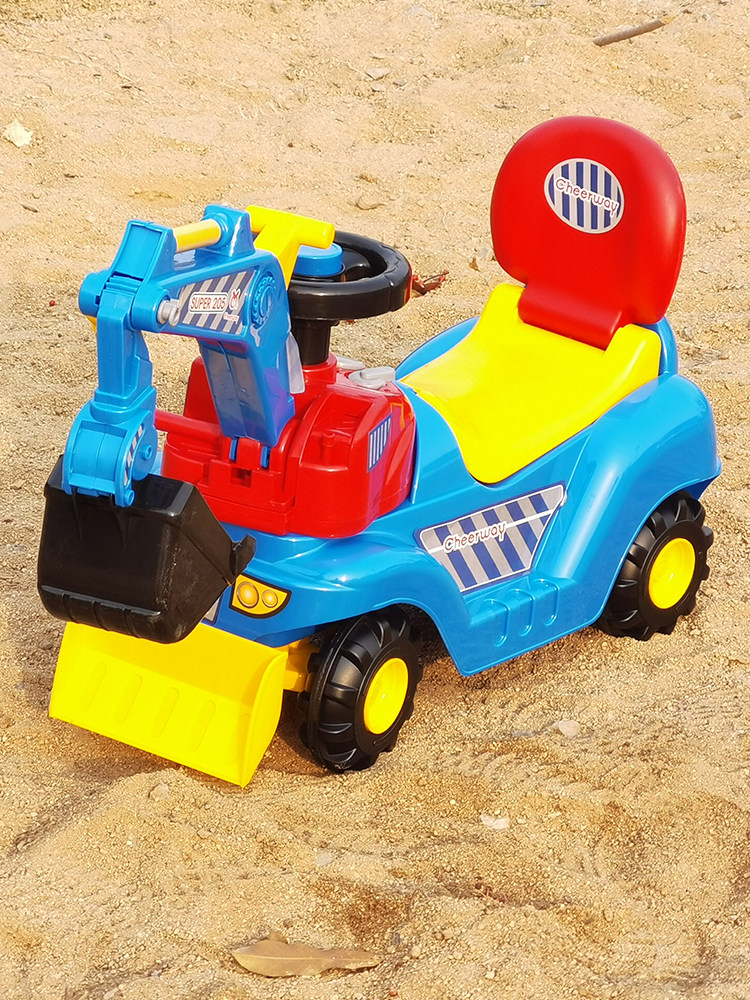 QIYUE 대형 어린이 굴삭기는 굴삭기 차량 엔지니어링 차량을 타고 흙빛 노란색 파란색 장난감 유모차를 밀 수 있습니다