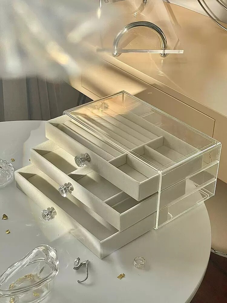 首饰收纳盒饰品托盘耳环钉发窟架项链绒布盒亚克力防氧化高档精致