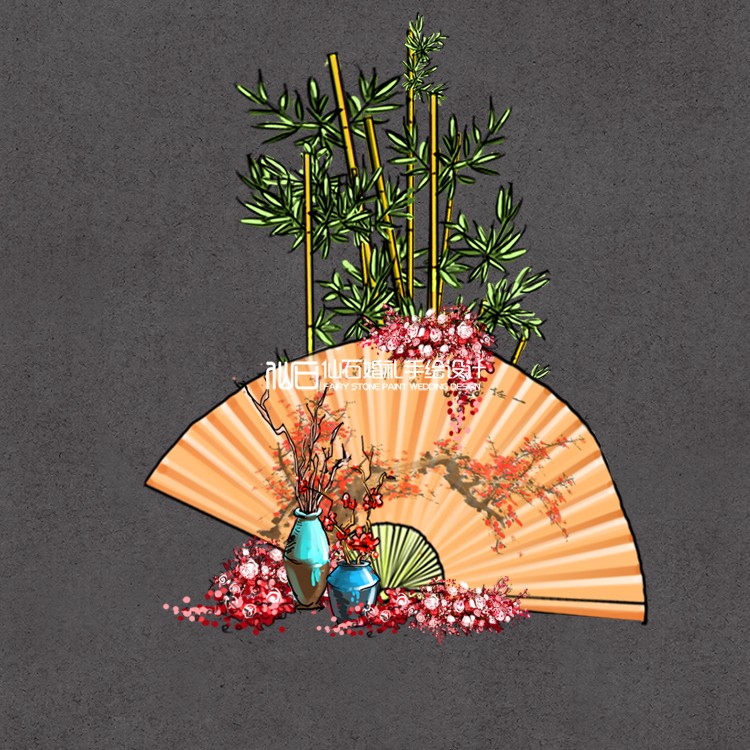 Z050中式扇子红花绿竹花瓶树枝组合背景婚礼手绘素材PSD文件