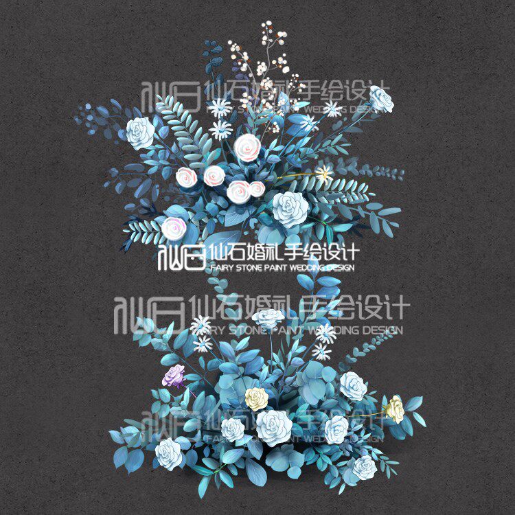 l129淡蓝色花艺白色花朵路引地排花婚礼手绘道具素材psd分层文件