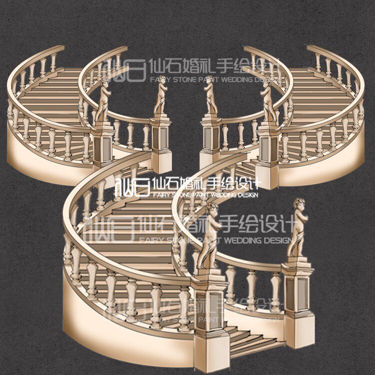 o062复古金欧式旋转楼梯舞台摆件婚礼手绘道具素材psd文件
