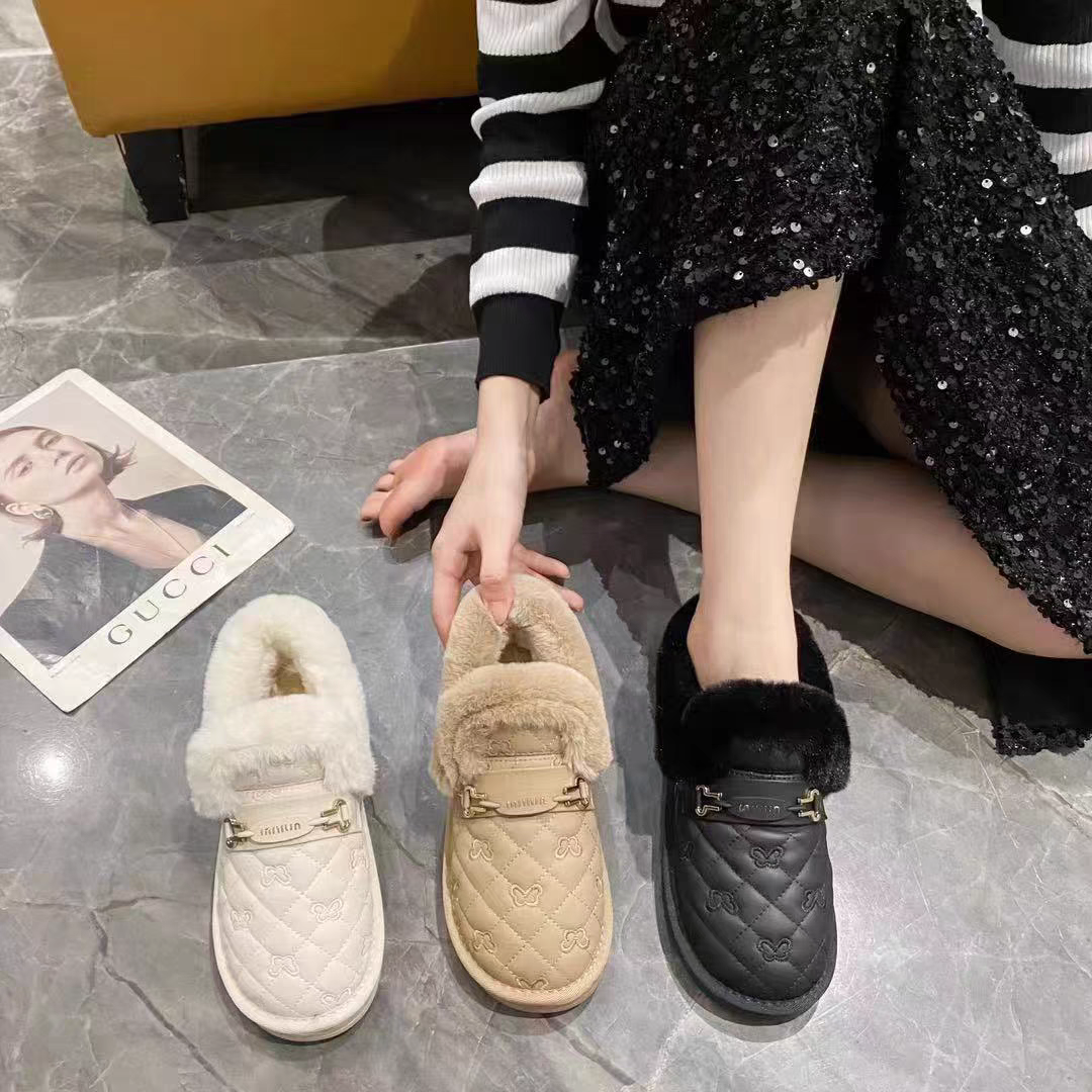 2025秋冬新款棉鞋女外穿加绒乐福鞋一脚蹬豆豆懒人鞋金属扣保暖鞋
