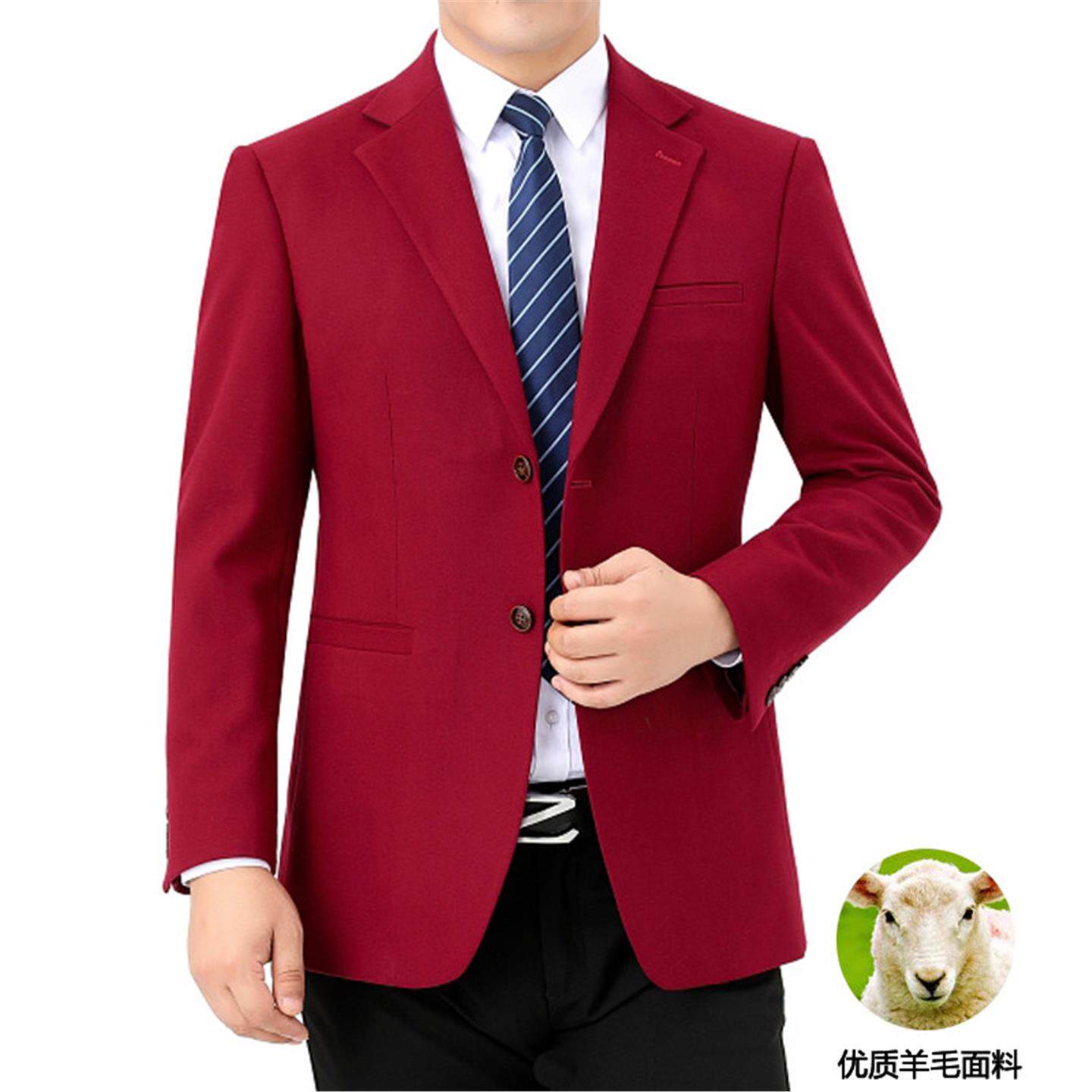 梦特娇男士西服休闲红色羊毛西装喜庆结婚礼服中国红本命年喜爸爸