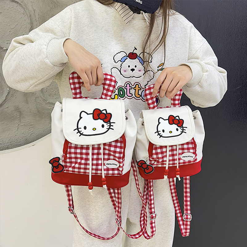 hellokitty红色格子双肩包包女2025新款卡通凯蒂猫软萌迷你小背包