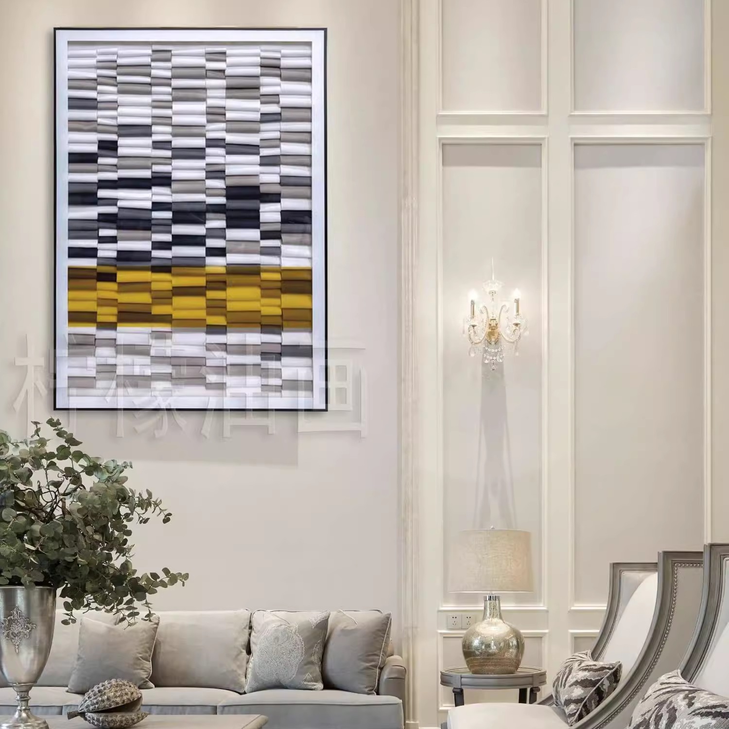 现代简约手工拼贴皮革亚克力立体装饰画入户壁画客厅抽象几何挂画图片