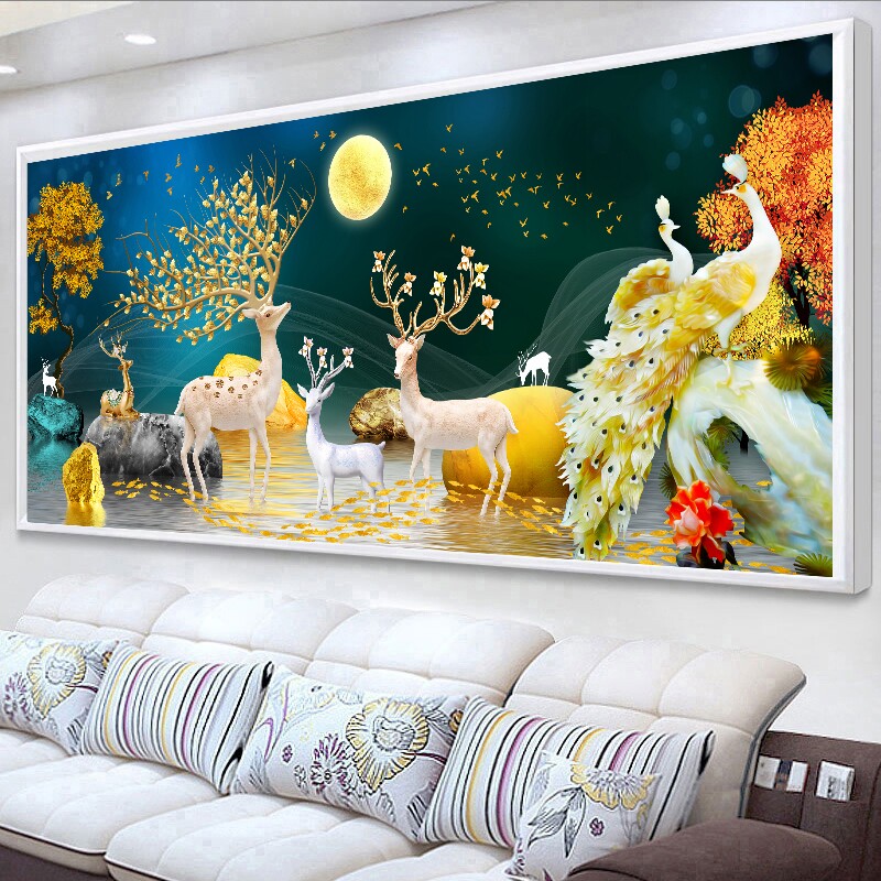 居家高端轻奢钻石画2026新款客厅风景发财鹿孔雀现代大画