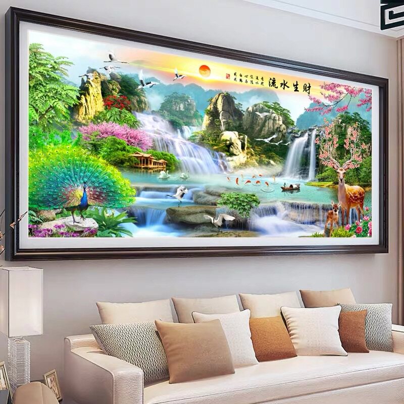2026新款十字绣钻石画满钻客厅5D大幅风景流水生财发财鹿孔雀山水