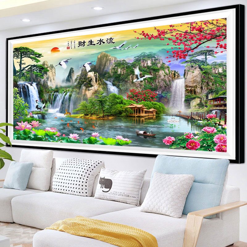 2026新款高端轻奢客厅流水生财钻石画十字绣现代家居风景大画大气