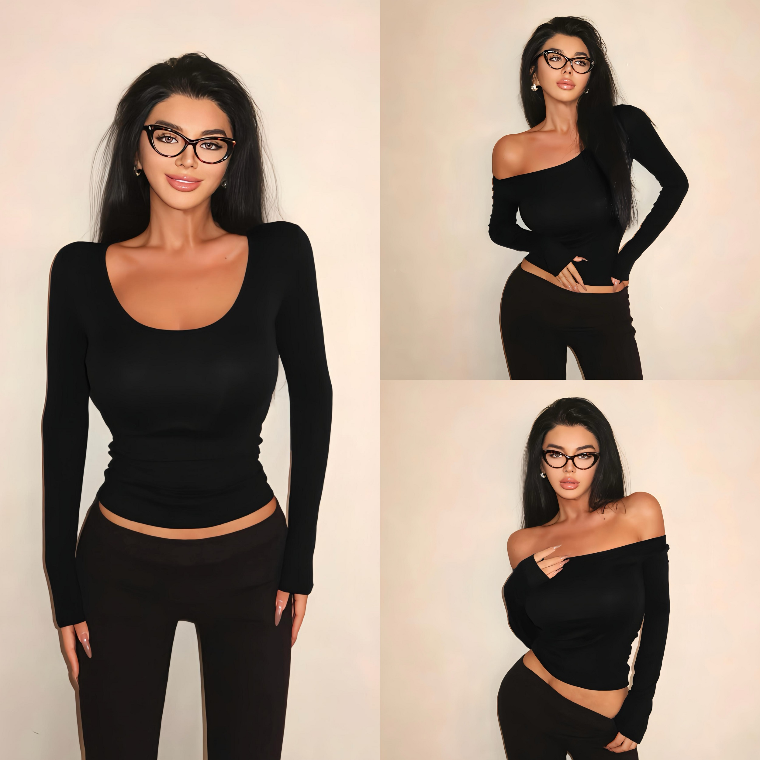 欧美辣妹复古天丝U领长袖T恤