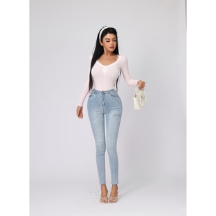 LAPINKY【蜜桃裤】欧美辣妹高弹浅蓝撕裂小脚裤立体剪裁高腰牛仔