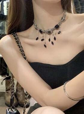 反派女主 黑色锆石流苏choker颈链高级感礼服项链配饰