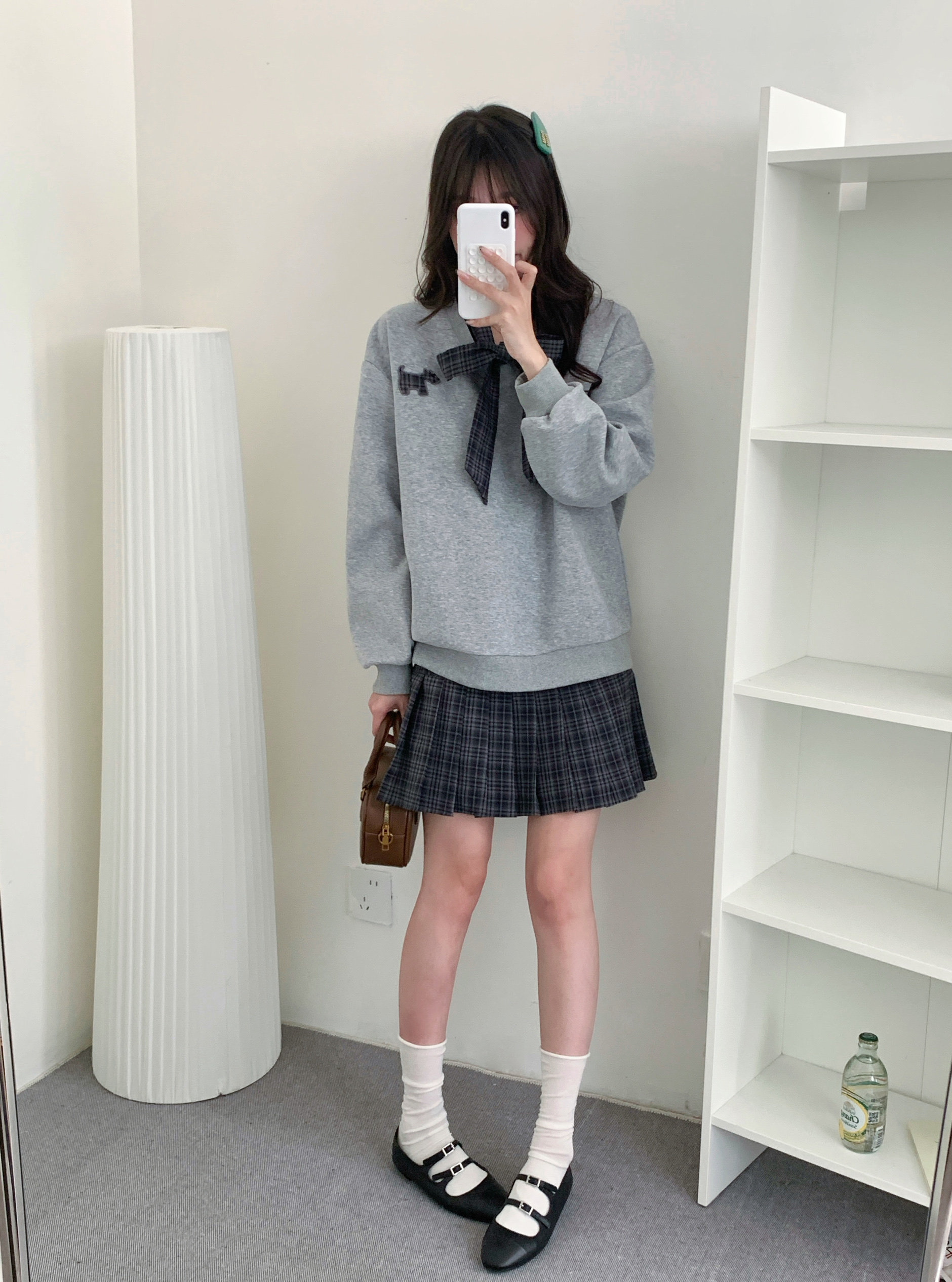 春秋学院风套装两穿设计圆领长袖卫衣加衬衫连衣裙百褶裙上衣裙子