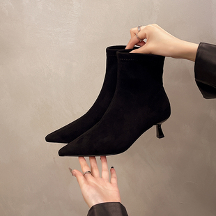 加绒尖头细跟性感短靴羊京绒高跟袜靴裸靴弹力瘦瘦靴低跟3cm单靴