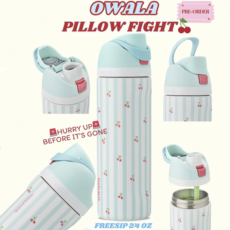 美版正版Owala条纹樱桃可爱保温保冷水杯带吸管FreeSip双饮礼物杯