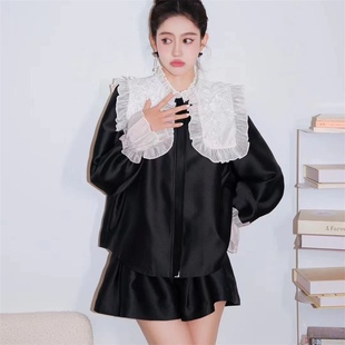 外套阔腿短裤 翻领钉珠长袖 时尚 套装 欧洲站2025春夏新款 包邮 女装