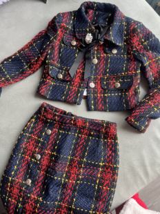 外套流苏半身裙欧洲站 女粗花毛呢格子短款 2024秋冬新款 小香风套装